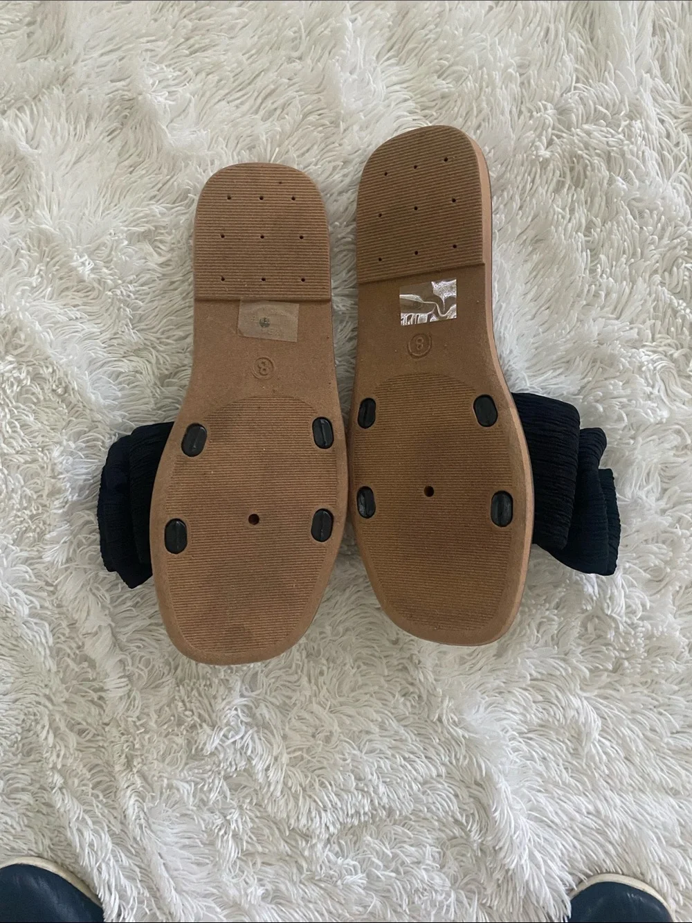 BAMBOO Black Bow Slide Sandals with Brown Footbed and Gold Trim
